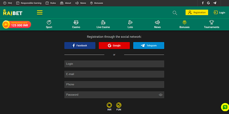 RajBet registration form